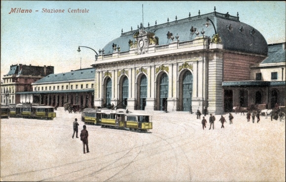 Ak Milano Milaan Lombardije, Stazione Centrale, trams, treinstation