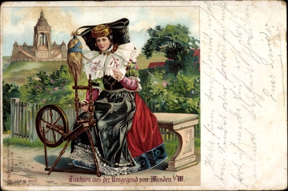 Litho Minden in Ostwestfalen Lippe, Frau in Volkstracht mit Spinnrad