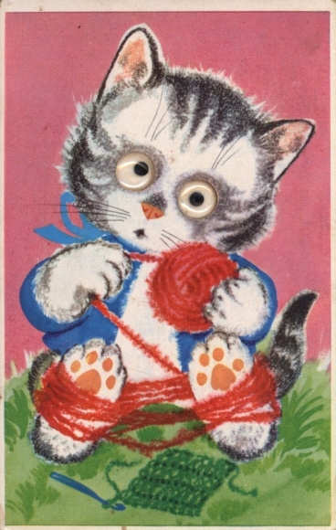 Wobbly Eyes Postcard Cat, Knitting