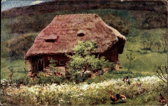 Künstler Ak Hoffmann, H., Alte Mühle im Schwarzwald, Wassermühle, Hühner