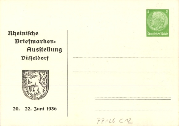 Postwaardestukkunstenaar Ak Peters, P., Düsseldorf am Rhein, postzegeltentoonstelling juni 1936, beschermheer