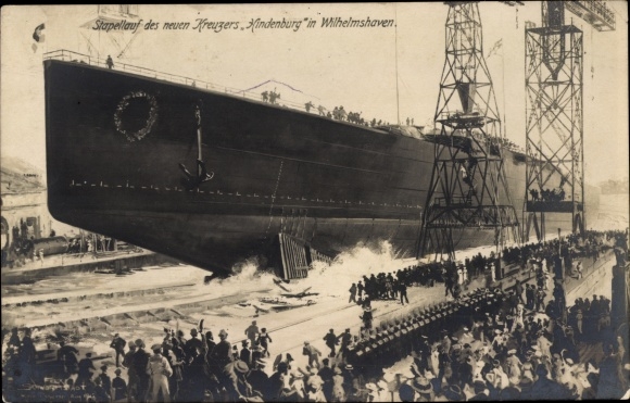 Artist PC Schwormstädt, Wilhelmshaven, launching of the cruiser SMS Hindenburg, Imperial Navy