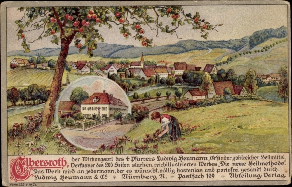 Chromo-Litho Elbersroth Herrieden in Middle Franconia, view of the place, girl picks flowers