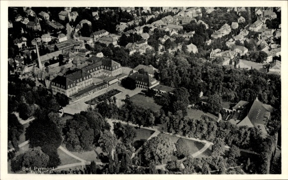 Postcard Bad Pyrmont in Lower Saxony, aerial photograph, city view, spa park, buildings