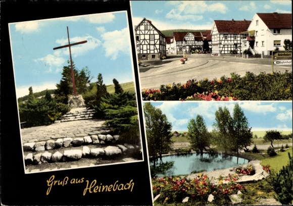 PC Heinebach Alheim in Hesse, Kreuz, town view, park with pond