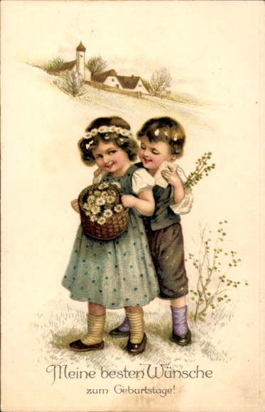 Embossed Postcard Congratulations Birthday, Flower Basket, Girl, Boy