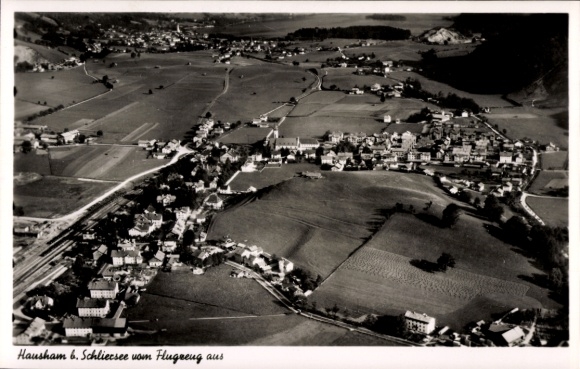 Postcard Hausham in Upper Bavaria, aerial view of Schliessee, rural landscape, houses