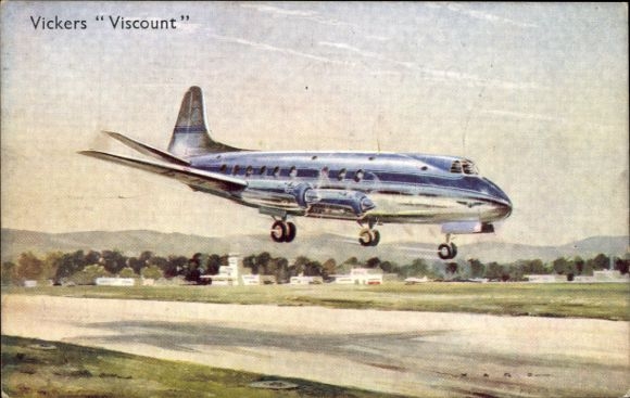 Künstler Ak Flugzeug bei der Landung, Vickers Viscount