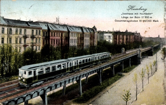 Postcard Hamburg Eimsbüttel Harvestehude, section on Isestraße with a view of the elevated railway
