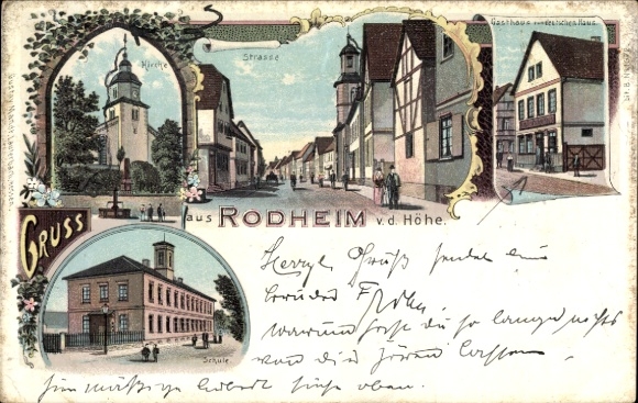 Chromo-Litho Rodheim Rosbach vor der Höhe Hesse, church, school, inn to the German house