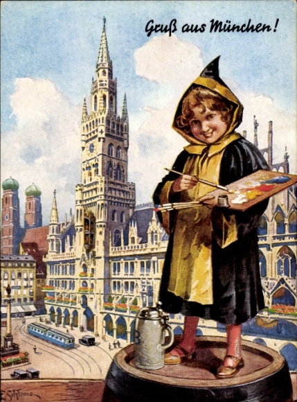 Künstler Ak Schlemo, E., München, Münchner Kindl, Farben
