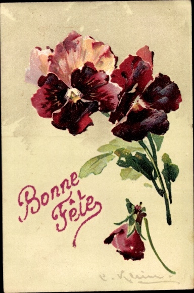 Artist embossed PC small, Catharina, congratulations, pansy, Bonne Fete