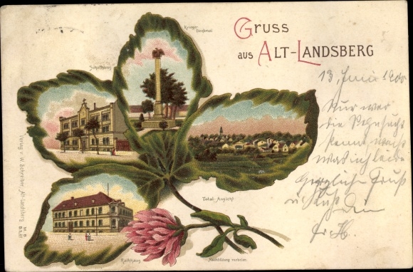 Kleeblatt Chromo-Litho Altlandsberg in Brandenburg, school building, war memorial, total view, town hall