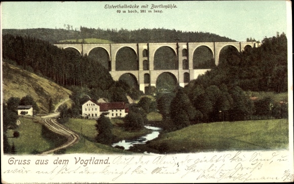 Postcard Jocketa Pöhl Vogtland, Elstertalbrücke with Barthmühle, railway line, viaduct, railway bridge