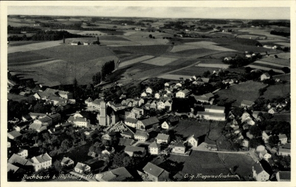 Postcard Buchbach in Upper Bavaria, aerial view of rural surroundings, houses, church