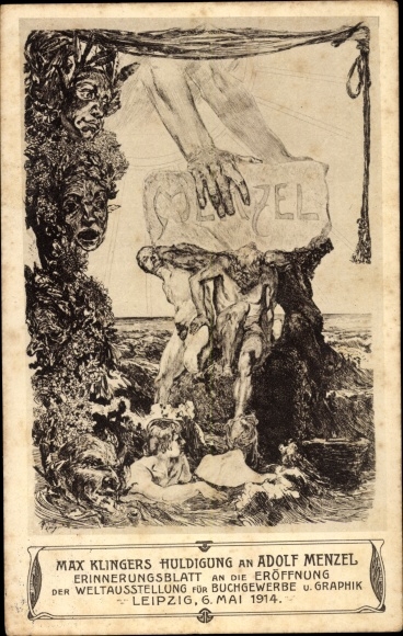 Artist Postcard Klinger, M., Leipzig in Saxony, Adolf Menzel, World Exhibition Book Industry Graphics 1914