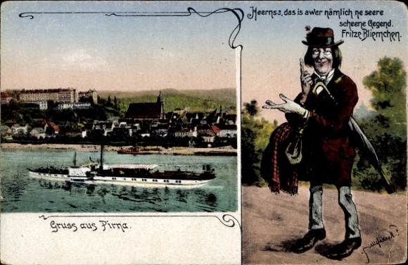 Ak Pirna an der Elbe, Ansicht des Stadtbildes mit Schiff, Fritze Bliemchen oder Karikatur