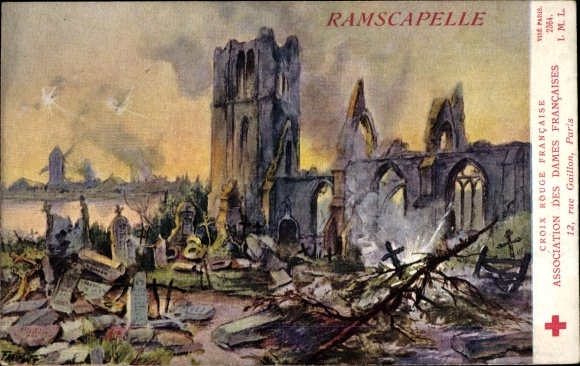 Artist PC Fraipont, G., Ramscapelle West Flanders Belgium, Destroyed Church