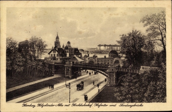 Postcard Hamburg Altona Bahrenfeld, Helgolander Allee with elevated station, harbor gate and landing stage