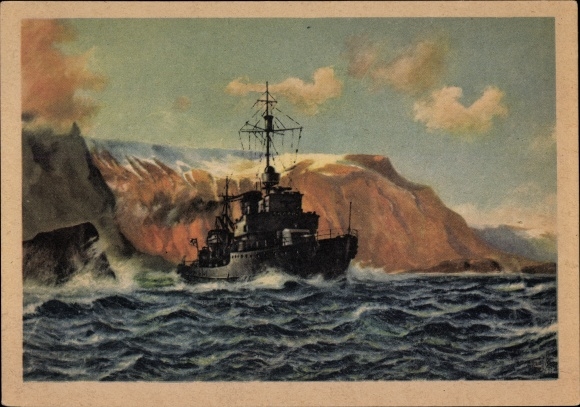 Artist PC Dolhart, Oskar, German minesweeper on a safety voyage in front of a Norwegian port