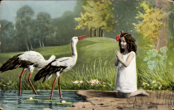 Postcard Pond Party, A Girl Kneels Before the Stork