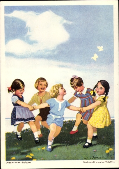 Artist PC Jüttner, W., Indanthren round dance, dancing children, advertising, butterflies