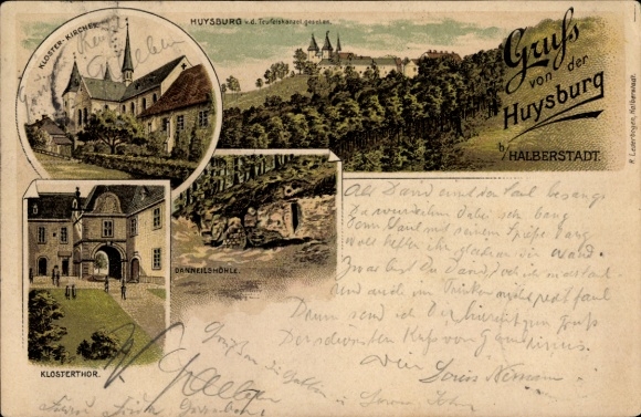 Chromo-Litho Huy Saxony-Anhalt, Huysburg from the Devil's Pulpit, monastery church, monastery gate, Danneilshöhle