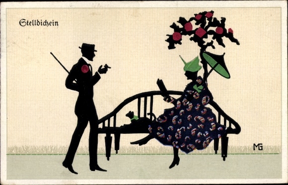Paper cut Postcard Graf, Marte, Fasto silhouettes, rendezvous, man and woman on a bench, dog