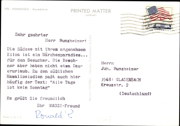Postcard Honolulu Hawaii USA, Aquaplane