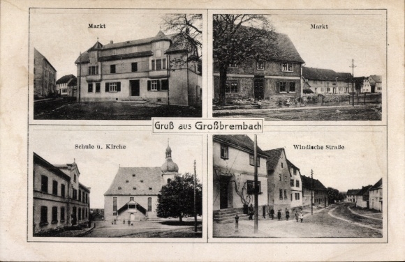Postcard Großbrembach Buttstädt in Thuringia, various views, market, school and church, Windisch