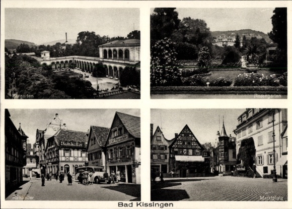 Postcard Bad Kissingen Lower Franconia Bavaria, front garden, Ratskeller, rose garden, market square