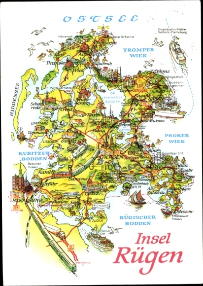 Ak Eiland Rügen, kaartweergave van Rügen, namen van plaatsen en bezienswaardigheden