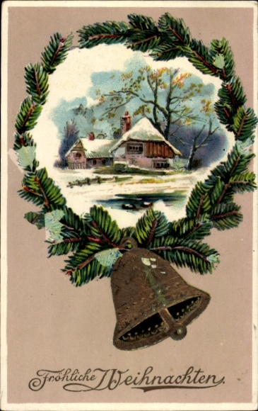 Passepartout Ak Glückwunsch Weihnachten, Haus, Glocke, Tannenzweige