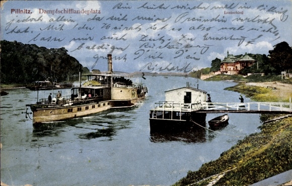Postcard Dresden Pillnitz, steamship landing place, ships on the water, surroundings with monuments