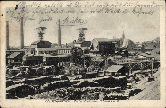 Postcard Gelsenkirchen in the Ruhr area, Rheinelbe colliery, shafts I. and II.