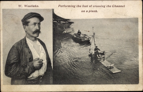 Postcard W. Westlake, crossing the English Channel on a plank, rowing boat