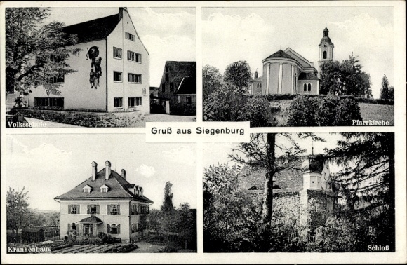 Postcard Siegenburg in Lower Bavaria, elementary school, parish church, hospital, castle
