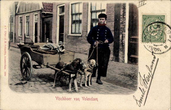 Ak Edam Volendam Nordholland Niederlande, Vischboer, Fischhändler mit Hundekarren