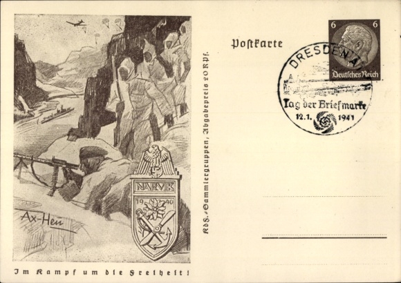 Postal stationery artist Postcard Axster Heudtlaß, In the fight for freedom, Narvik, mountain infantry in Norway