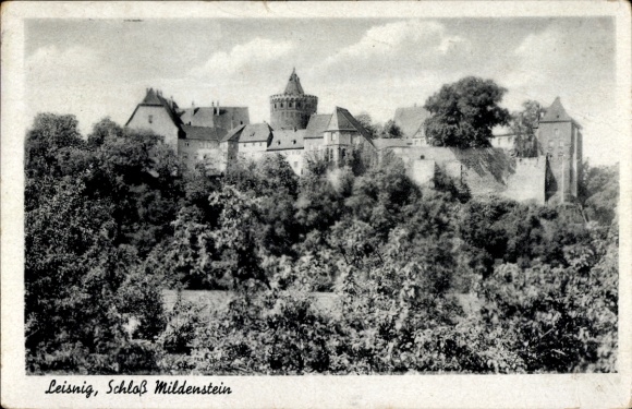 Ak Leisnig in Sachsen, Schloss Mildenstein, Gebäude, grüne Landschaft, Wolken, historische Arc...