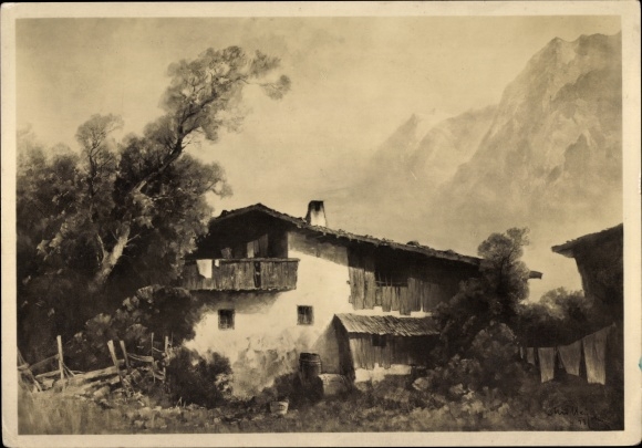Artist Postcard Mulley, Oskar, HDK 601, In the valley floor, building with rock wall
