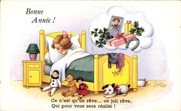 Artist Postcard Patt, Jim, Happy New Year, Sleeping Girl, Dolls, Teddy, Horseshoe
