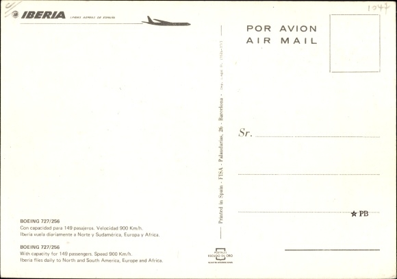 Postcard Spanish passenger plane, Iberia, Boeing 727 256