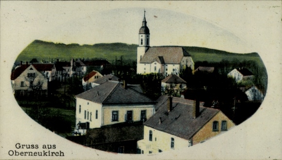 Postcard Oberneukirch Neukirch in der Lausitz, front view of church, houses, landscape