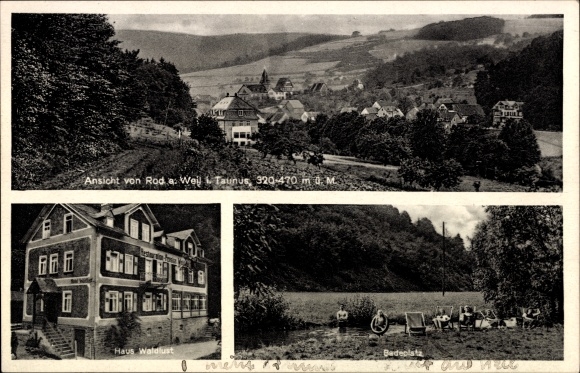 Postcard Rod an der Weil Weilrod im Taunus, Inn Waldlust, swimming area, view of the town