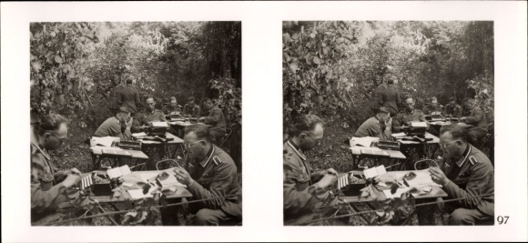 Stereo spatial image photo &quot;The Battle in the West&quot;, No. 97 PK reporters working in the forest of Compiègne 1940