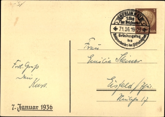 Stamps Postcard 1. Day of the stamp, founding day of the Reich Association of Philatelists