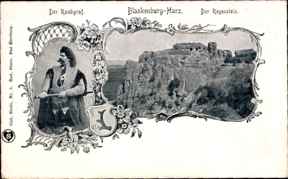 Postcard Blankenburg am Harz, View from Regenstein, The Robber Count