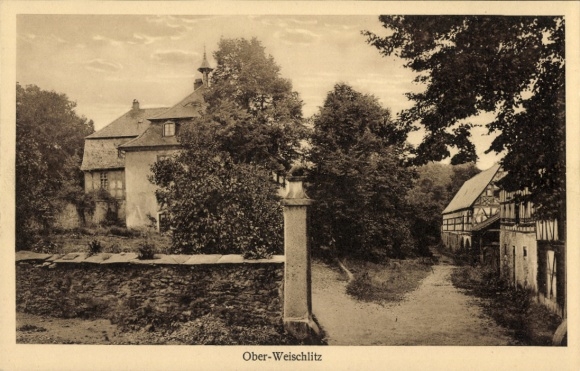 Postcard Ober-Weischlitz in Vogtland, partial view, street section, half-timbered house