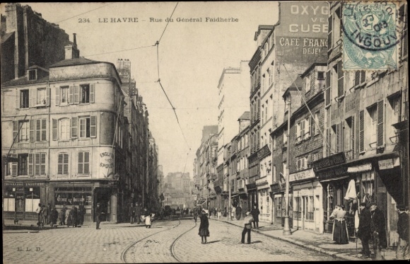 PC Le Havre Seine Maritime, front view of Rue du Général Faidherbe, street scene, cafe, building...